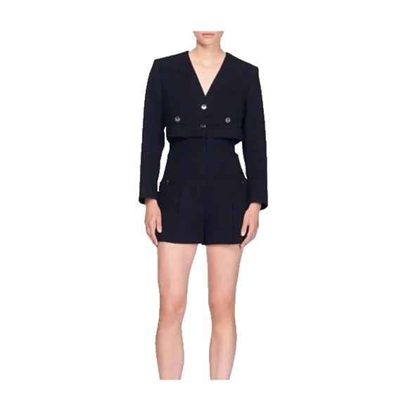 Sandro Seal Tweed Romper Black Long Sleeve Button Pockets V Neck 36 4 S - Picture 3 of 14